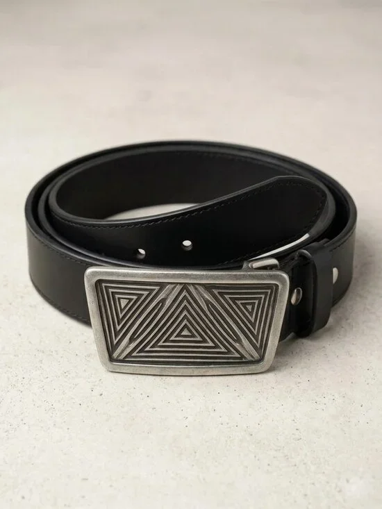 Geometric Triangle Genuine Leather Belt Antique Silver Engraved Statement Buckle - Picture 2 of 3
